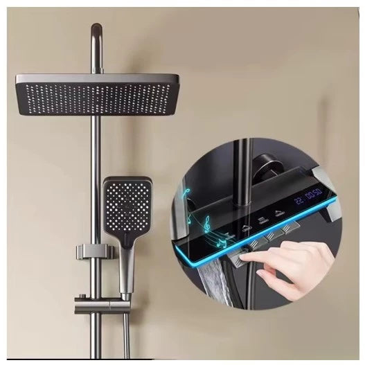 Chuveiro de Parede Preto em ABS, Estilo Chuva, com 4 Funções e Ajuste de Temperatura