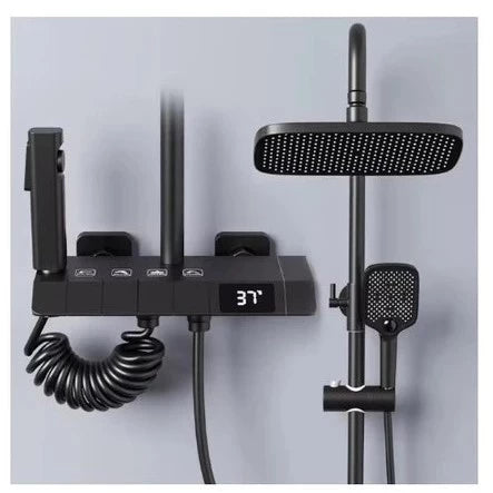 Chuveiro de Parede Preto em ABS, Estilo Chuva, com 4 Funções e Ajuste de Temperatura